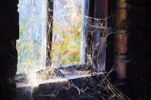 Old window with cobweb around and darkness inside