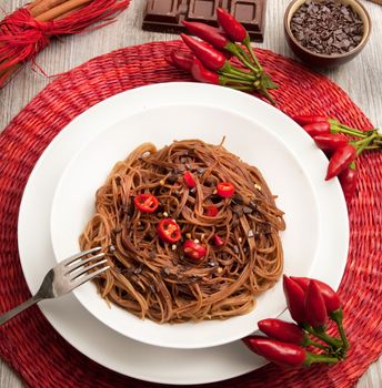 original italian spaghetti with chocolate and pepper