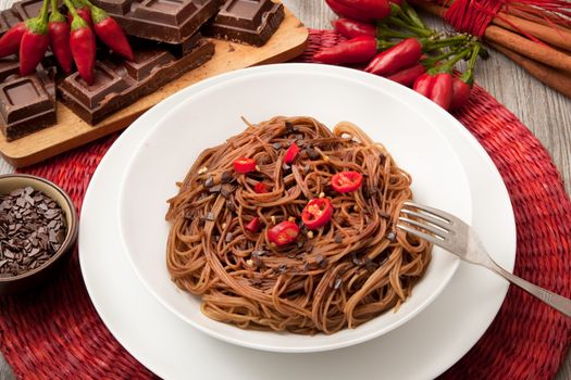 original italian spaghetti with chocolate and pepper