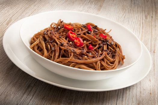 original italian spaghetti with chocolate and pepper