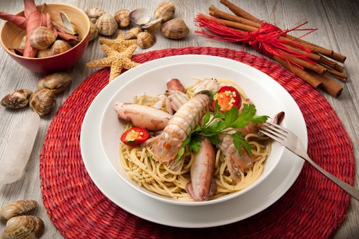 italian spaghetti with squid and mantis shrimp