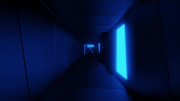 highly abstract design tunnel corridor with glowing light patterns 3d illustration wallpaper background, emndless visual tunnel 3d rendering art