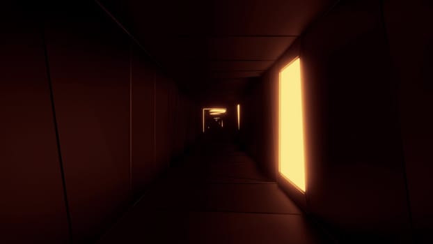 highly abstract design tunnel corridor with glowing light patterns 3d illustration wallpaper background, emndless visual tunnel 3d rendering art