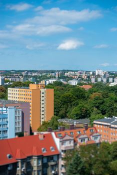 Cityscape with Odra river. Szczecin historical city with architectural layout similar to Paris. Castle of Pomeranian dukes in Szczecin and Basilica of Saint James