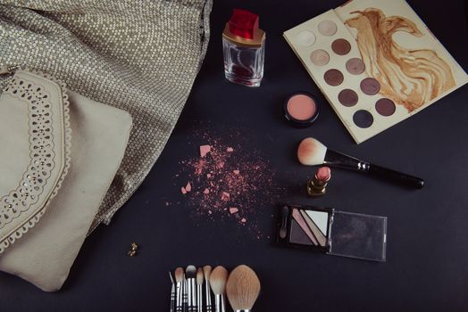 close up of a make up powder and a brush. makeup brush with powder foundation