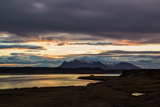 Mountains and ocean near Hvitserkur in Iceland at sunrise in Vatnsnes peninsula