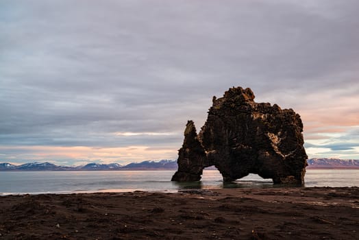 Hvitserkur the famous rock in the ocean in Iceland at sunrise