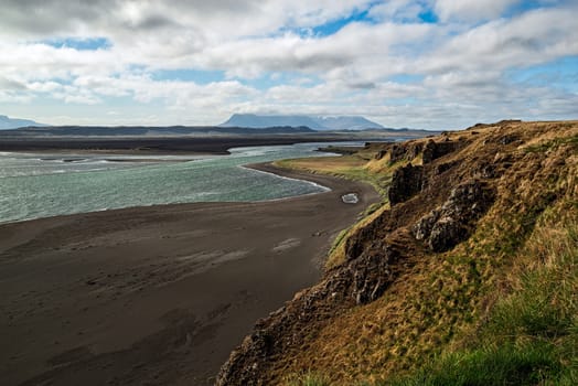 Mountains and black beach near Hvitserkur in Iceland in Vatnsnes peninsula