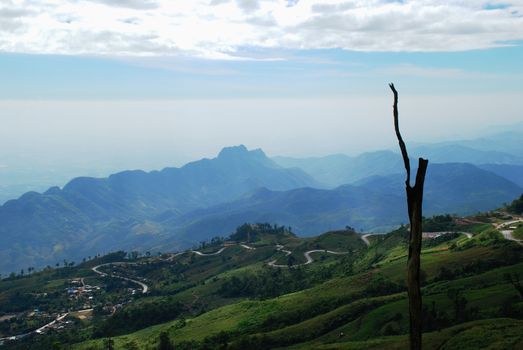 The road from the mountains with foggy blue sky,Phu Thap Berk, Phetchabun, Thailand.