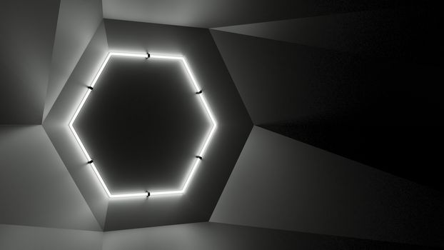 Abstract geometry lit by a neon white hexagonal lamp. Soft shadows. 3D illustration. The vanishing point of the wall geometry in the center of the image on the hex. Empty advertising space