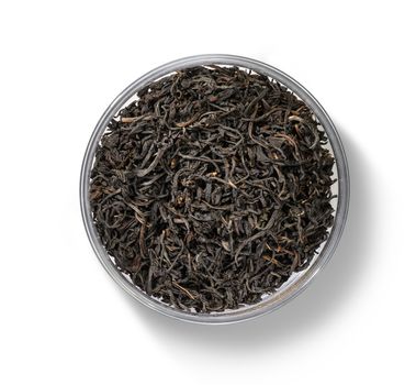 Black tea top view on white background.