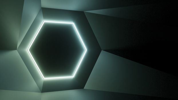 Abstract geometry lit by a neon green hexagonal lamp. Soft shadows. 3D illustration. The vanishing point of the wall geometry in the center of the image on the hex. Empty advertising space