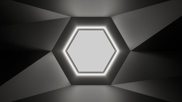 Abstract geometry lit by a neon white hexagonal lamp. Soft shadows. 3D illustration. The vanishing point of the wall geometry in the center of the image on the hex. Empty advertising space