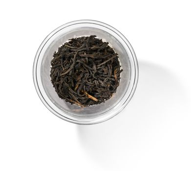 Black tea top view on white background.