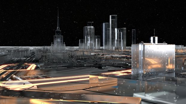 Abstract 3D city of glass with luminous roads on the surface imitating a spaceship. 3D illustration. The concept of a future city. Element of this image furnished by NASA