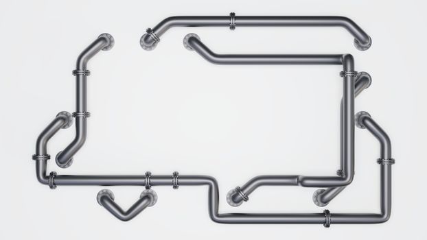 A rectangular banner with an empty space in the middle is entangled in pipes with flanges. Industrial concept. Metal pipes, white background and shadow, 3D rendering