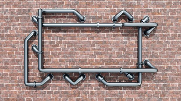 Empty space on a red brick wall is entangled in metal pipes. Daylight 3D illustration. Advertising banner or poster