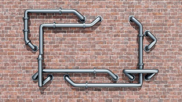 Empty space on a red brick wall is entangled in metal pipes. Daylight 3D illustration. Advertising banner or poster