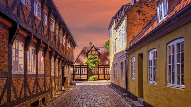 Street and houses in medieval Ribe town, Denmark