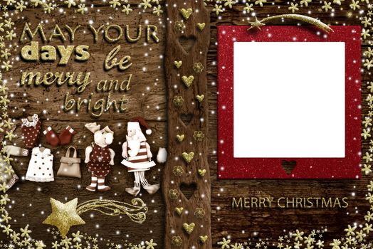 Christmas picture frame, phrase greeting card. Vintage Santa Claus dolls, reindeer and clothes, on old wooden background and one empty  photo frame on rustic wooden with golden decorations and good wishes.
