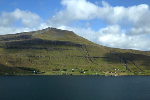Landscape of Faroe Islands showing blue sky, green mountains and fjord