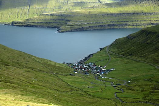 Funningur village, Faroe Islands, Calm summer scene of Eysturoy island. Traveling concept background