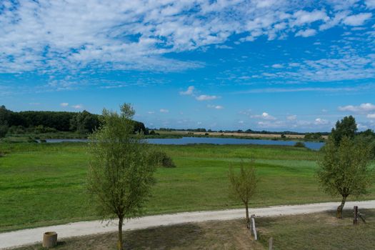 Panoramic view of the swimming, fishing and nature area Eixen lake. Shot from the lookout tower