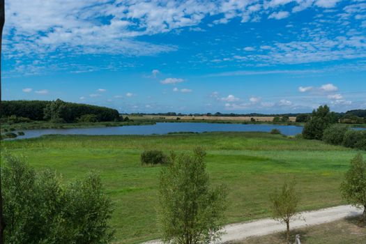 Panoramic view of the swimming, fishing and nature area Eixen lake. Shot from the lookout tower