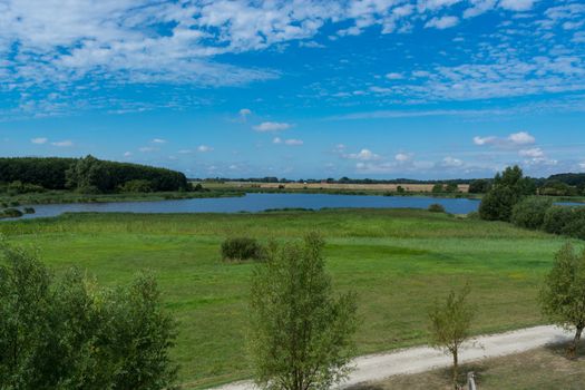 Panoramic view of the swimming, fishing and nature area Eixen lake. Shot from the lookout tower