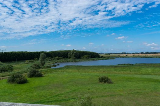 Panoramic view of the swimming, fishing and nature area Eixen lake. Shot from the lookout tower