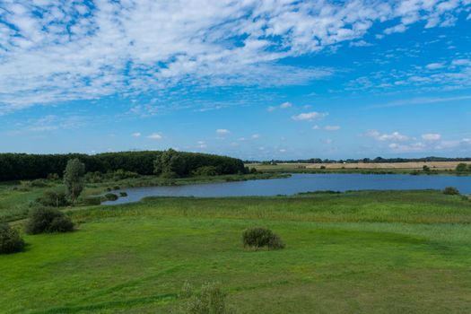 Panoramic view of the swimming, fishing and nature area Eixen lake. Shot from the lookout tower