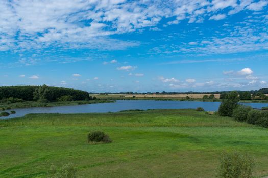 Panoramic view of the swimming, fishing and nature area Eixen lake. Shot from the lookout tower