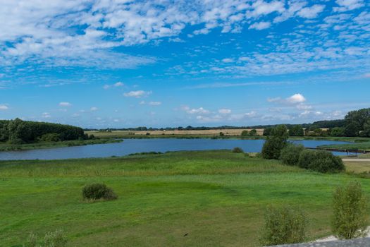 Panoramic view of the swimming, fishing and nature area Eixen lake. Shot from the lookout tower