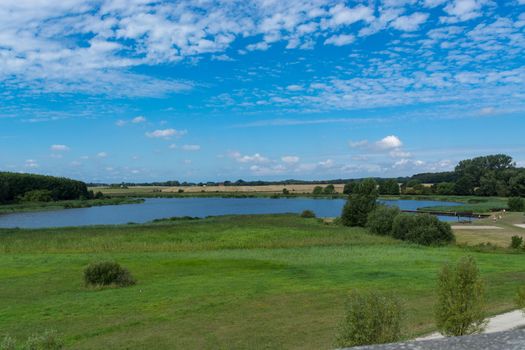 Panoramic view of the swimming, fishing and nature area Eixen lake. Shot from the lookout tower