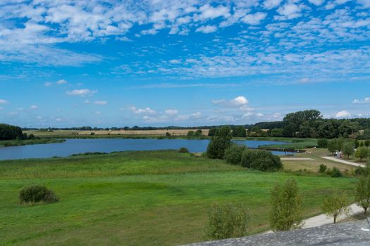 Panoramic view of the swimming, fishing and nature area Eixen lake. Shot from the lookout tower