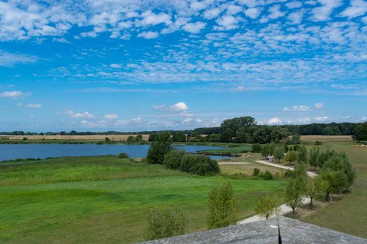 Panoramic view of the swimming, fishing and nature area Eixen lake. Shot from the lookout tower