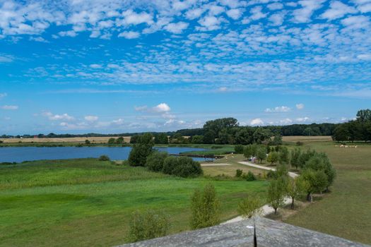 Panoramic view of the swimming, fishing and nature area Eixen lake. Shot from the lookout tower