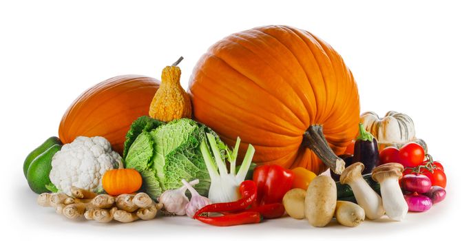 Group of harvest autumn vegetables isolated on white background