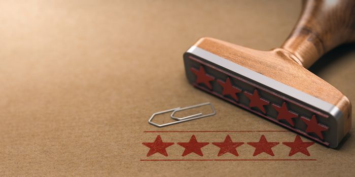 Five stars rating label over brown paper background. Customer review concept. 3d illustration