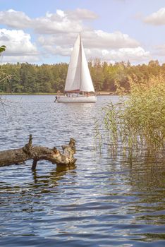 Landscape of lake with white yacht on bright sunny summer day.