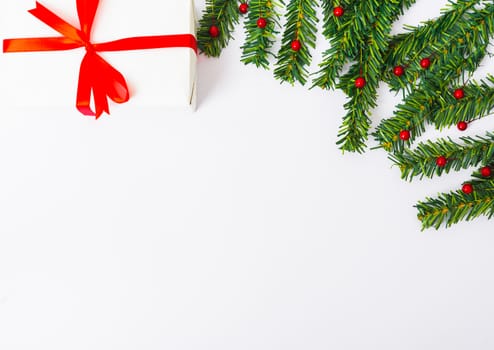Happy New Year and Christmas day, top view flat lay composition decoration on white background with copy space for your text