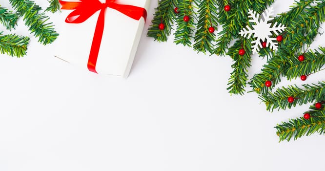 Happy New Year and Christmas day, top view flat lay composition decoration on white background with copy space for your text