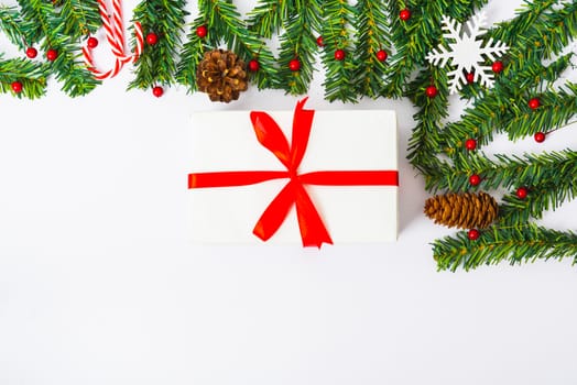 Happy New Year and Christmas day, top view flat lay composition decoration on white background with copy space for your text