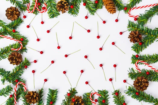 Happy New Year and Christmas day, top view flat lay composition decoration on white background with copy space for your text