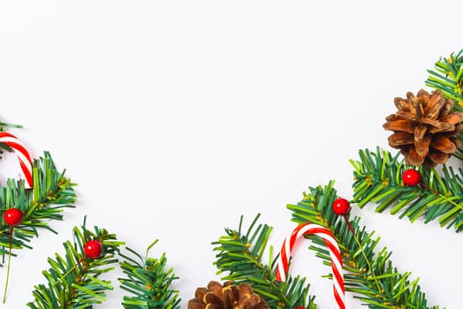 Happy New Year and Christmas day, top view flat lay composition decoration on white background with copy space for your text
