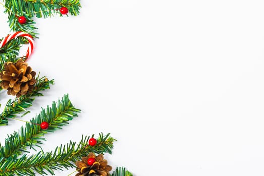 Happy New Year and Christmas day, top view flat lay composition decoration on white background with copy space for your text