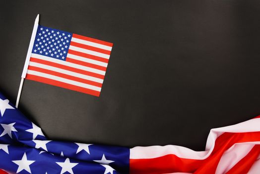 Martin luther king day, flat lay top view, American flag democracy on black background with copy space for your text