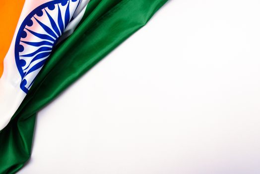 Indian republic day, flat lay top view, Indian tricolor flag on white background with copy space for your text