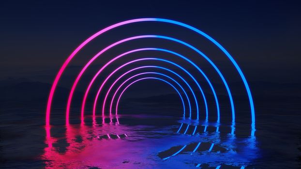 Abstract background with neon circles against the background of mountains. 3D illustration. Blue-red neon circles on the sea surface