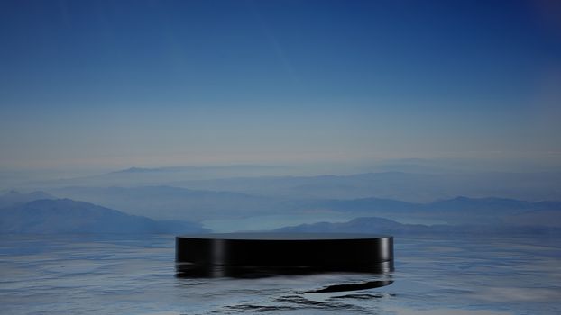 A black pedestal on the sea surface. Mountains in the fog in the background. 3D illustration. Empty space for your products